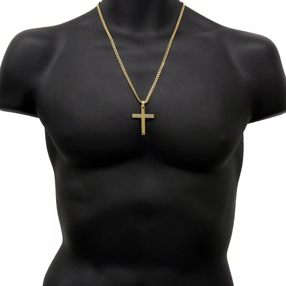 Gold Plated Cross On 24" Cuban Necklace - Picture 3 of 4